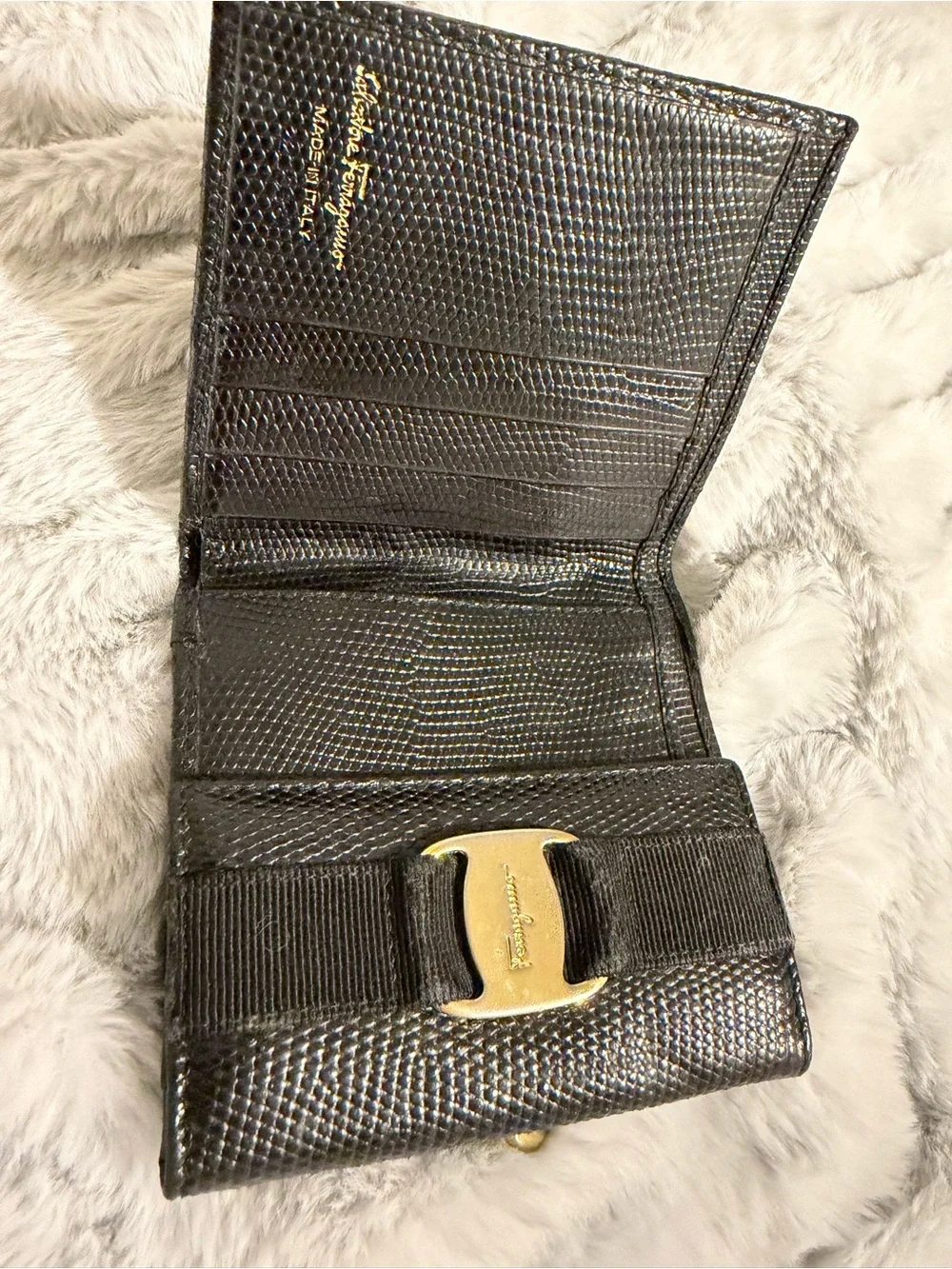 Salvatore Ferragamo Black Textured Leather Wallet with Gold Vara Accent